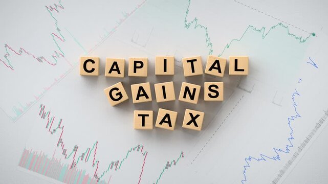 Capital Gains Tax Concept with Wooden Letter Tiles and Market Charts. 3D render animation