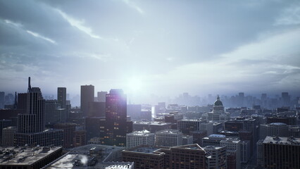 Fototapeta premium sunrise over city skyline bathing rooftops in cool blue tones, glass reflections, distant skyscrapers, light haze, slow awakening, cinematic aerial perspective