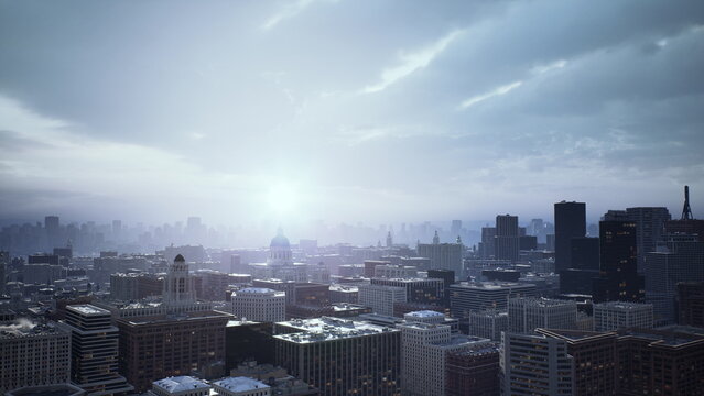 Blue dawn over city skyline with soft sunlight glinting on snowy rooftops, distant towers silhouetted against dramatic cloudscape, cool cinematic tones, quiet