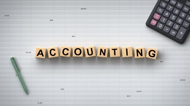 Word accounting spelled with wooden letter tiles on a financial ledger background. Business and finance concept representing bookkeeping, budgeting, and financial management. 3D render animation