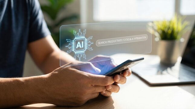 Man using smartphone with AI productivity tools on screen