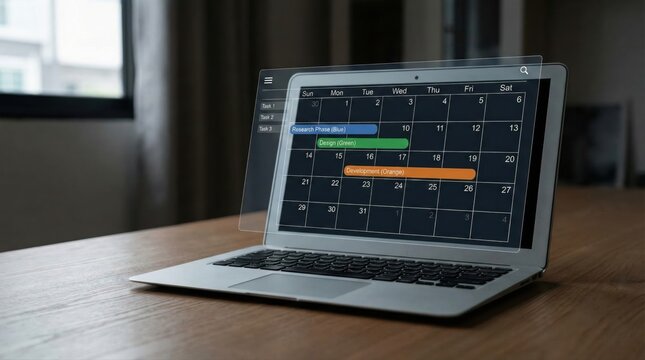 Modern laptop showing project management calendar on screen