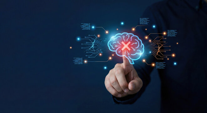 Artificial intelligence error and system failure concept with glowing brain and red cross icon.