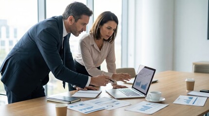 Obraz premium Business professionals analyzing data on laptop in modern office