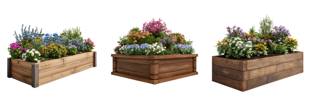 Set of Natural wood raised garden bed planter with herbs growing neatly on transparent png background. Ai generated