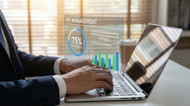 Businessman analyzing KPI management data on laptop in modern office