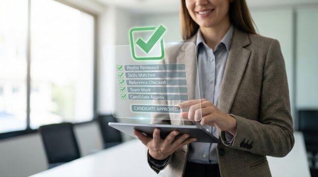 Businesswoman approves candidate on tablet in modern office