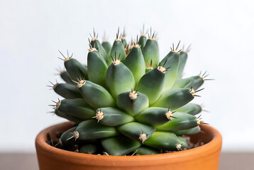 Cactus green spiny in terracotta pot with sharp black spines and light background featuring succulent, plant, desert with flora and botanical elements for garden, indoor projects, clean composition