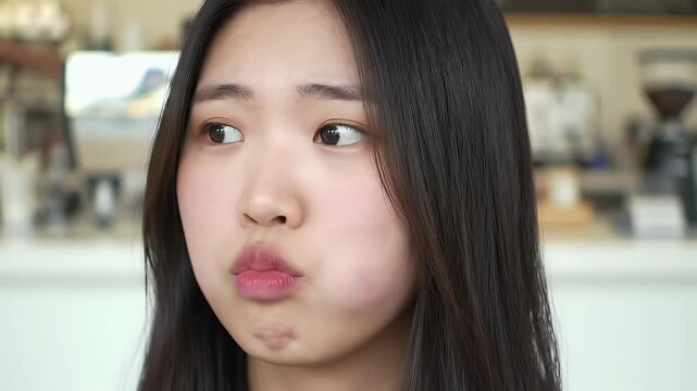 Playful young Asian girl makes a silly fish face with rosy lips and expressive eyes a fun portrait capturing childhood joy and lightheartedness in a cafe setting