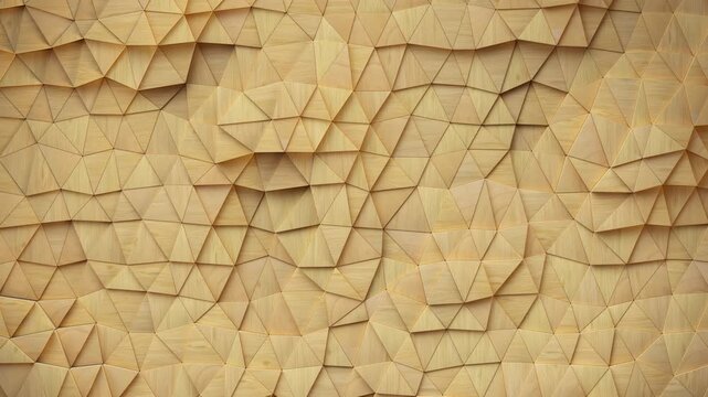 Geometric background formed of wooden triangular shapes. Seamless loop 3D render animation