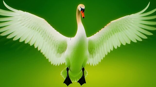 Graceful White Swan Spreading Wings Against Vibrant Green Background in Natural Habitat