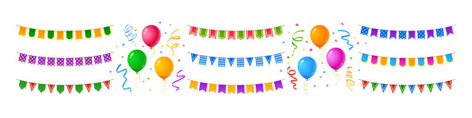 Obraz premium Festive bunting with colorful pennants with balloons and confetti streamers for birthday party atmosphere. Flags on rope for carnival celebration. Bright happy anniversary decoration elements.
