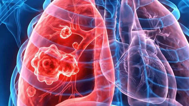 3d rendering of human lung displaying cancerous tumor growth within a medical illustration, suitable for health education, science communication, medical research, and biotechnology.