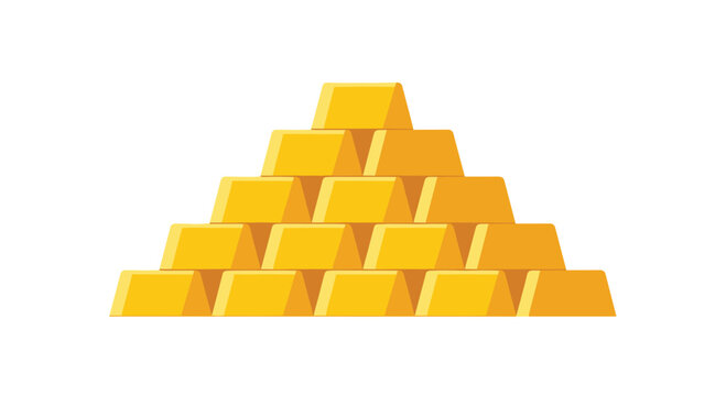 A stack of fifteen flat yellow gold bars arranged in a triangular pyramid shape sits centered against a solid white background.