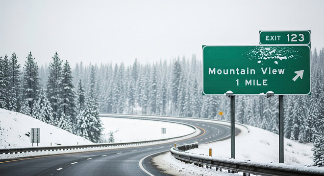 Snowy mountain road with highway sign indicating exit for Mountain View  