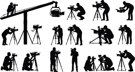 Cameraman and video production crew silhouettes with professional cameras tripod and crane filming media content isolated on white background broadcasting industry concept