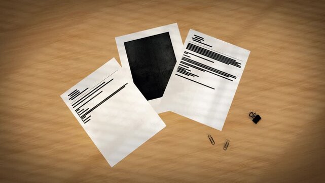 Documents with heavily redacted black text scattered on a wooden table. The scene symbolizing government transparency, legal secrecy, censorship, or a mystery investigation. 3D render animation
