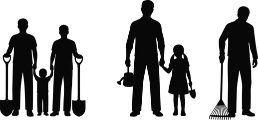 Family gardening silhouettes with parents and children holding shovel rake and watering can outdoor yard work isolated on white background © MD SHAHARIR