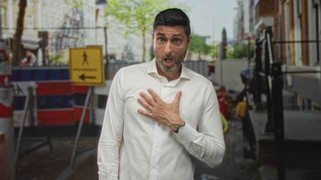 Man with hand on chest on street near construction barriers and pedestrian detour sign; heartattack shock.