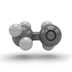 A 3D rendering of a gray molecular structure model with interconnected spheres on a white background