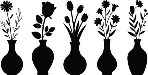 Flower vase silhouettes with roses, tulips, daisies artwork, decorative floral illustration design, botanical motif element, elegant vase arrangement artwork ©  Miller