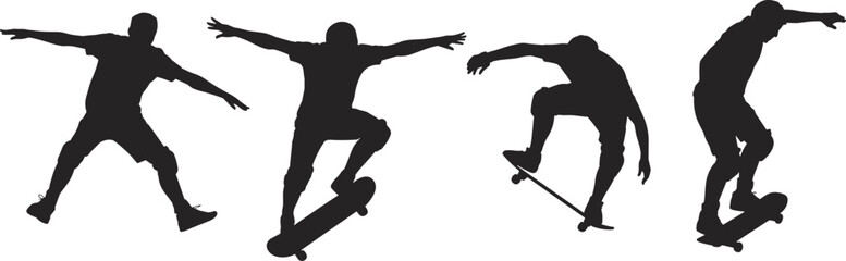 Black silhouettes featuring male skateboarders performing tricks jumping and riding on skateboards isolated on white background for extreme sports and urban street culture youth © PAMILA