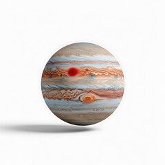 The gas giant Jupiter with a red spot is shown in a realistic depiction