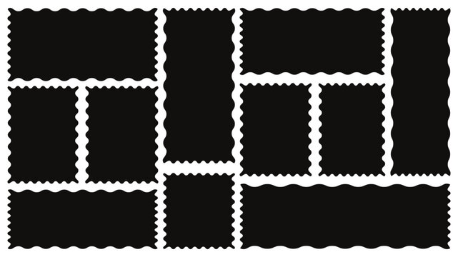 Set of with zigzag frames edge black color. Zigzag edge frame. Different size frames. scallop edge shape. Vector zigzag objects for badge, sticker, photo, frame. Vector illustration set.