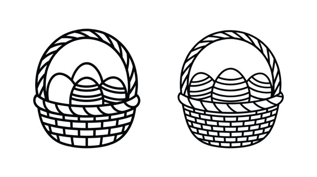 Two outline easter egg baskets filled with decorated eggs, black and white