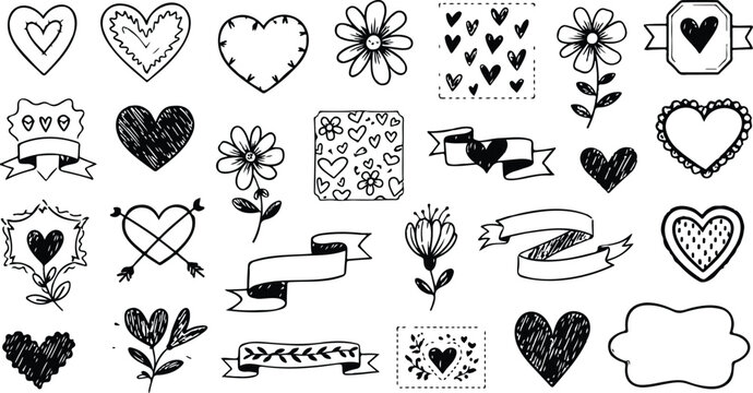 Funky valentine day or wedding scrapbook sticker set. Crayon grunge scribble doodle elements. Vector hand drawn collage illustrations for journaling, dairy, notebooks, social media and invitations 202