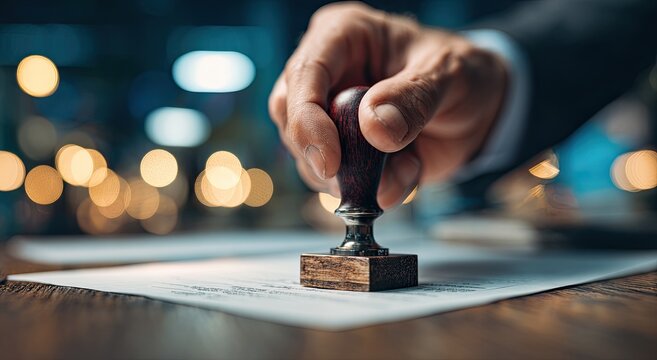 Hand Stamping Document with Official Seal in Office Setting.