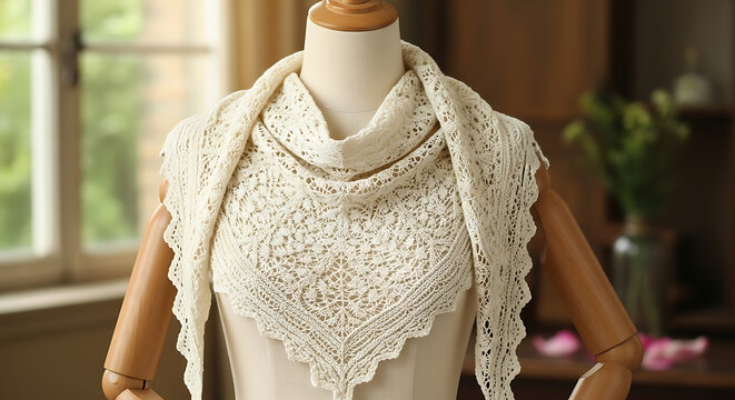 Elegant white handmade triangular knitted lace shawl delicate pattern accessory for bridal wedding fashion versatile winter seasonal wrap luxury handcrafted crochet textile garment scarf