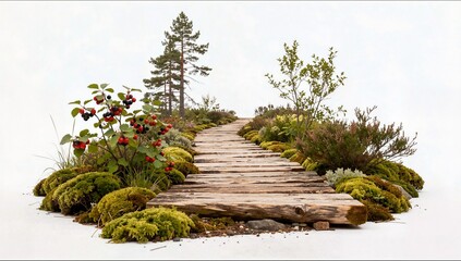 A rustic wooden boardwalk path winds through a wild moorland landscape with low lying moss mounds and bushes bearing bright red and black berries.