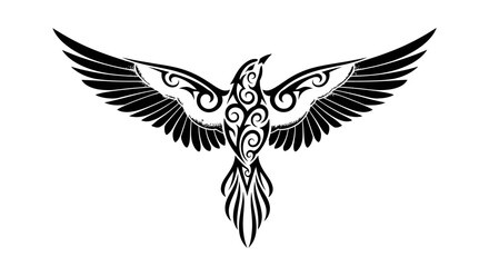 Obraz premium Black and white illustration of a bird with outstretched wings and tribal design.