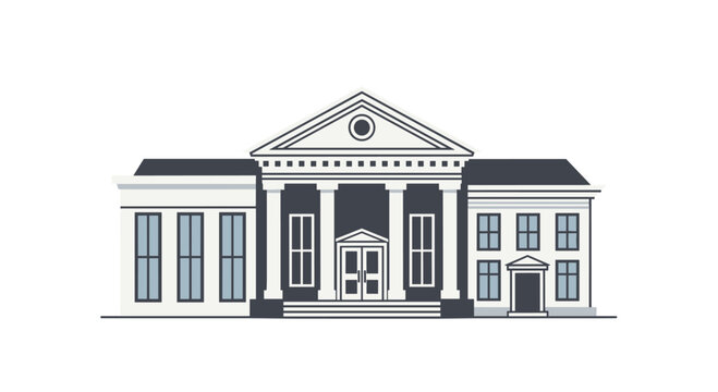 A symmetrical grey and white building with a central portico featuring four white columns and a triangular pediment on a white background.