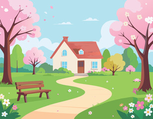 Fototapeta premium Spring landscape with a small house, blooming cherry trees, and a garden path. Beautiful nature scene with a park bench and flowers in flat style. Vector illustration for real estate design. Vector.