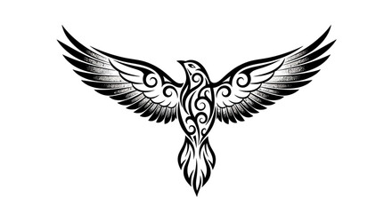 Obraz premium Black and white illustration of a bird with outstretched wings and intricate tribal design.