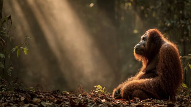 Orangutan sitting on the forest floor with sunbeams 