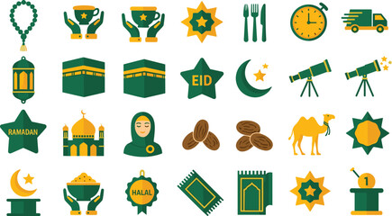 Islamic Festival Graphic Pack with Flat Design Eid Mubarak Banners Mosque Skyline Silhouettes and Green Gold Ramadan Lifestyle Icon Set © MdRezaul