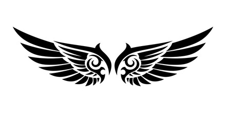 Obraz premium Black and white illustration of symmetrical angel wings with swirling designs.