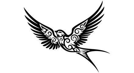 Fototapeta premium Black and white tribal bird with intricate designs in flight.