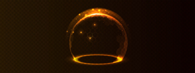 Gold hexagon shield sphere. 3D glowing globe protect light barrier. AI tech dome energy effect on dark background. Abstract golden technology vector. © tamatus_art