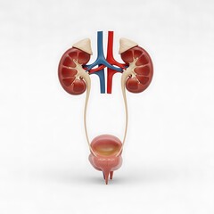 Anatomical illustration of human kidney system with ureters and bladder from a front viewpoint