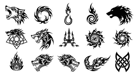 Collection of black tribal wolf and flame designs on white background. © Abhinaya Project