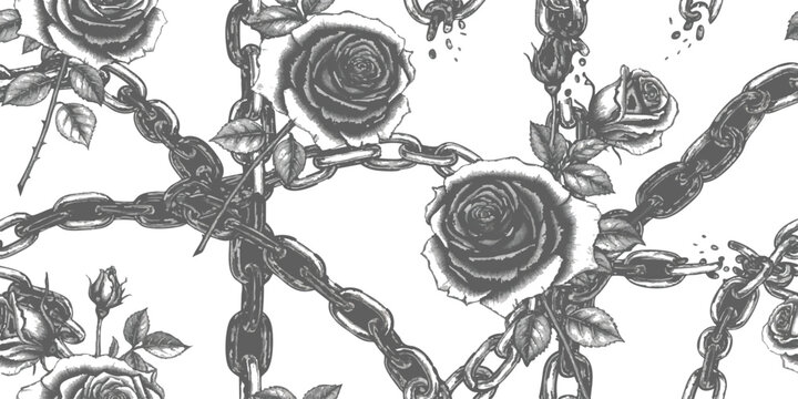 Seamless pattern with hand drawn roses and metal chains in a gritty punk rock gothic style vector illustration