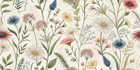 Wildflower meadow botanical illustration watercolor floral pattern delicate flowers and herbs vintage wallpaper