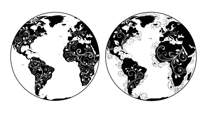 Comparison of global landmass distribution between two hemispheric views of earth Vector, illustration