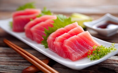 Delicious tuna sashimi with soy sauce on rustic wooden table for a fresh and healthy Japanese appetizer.
