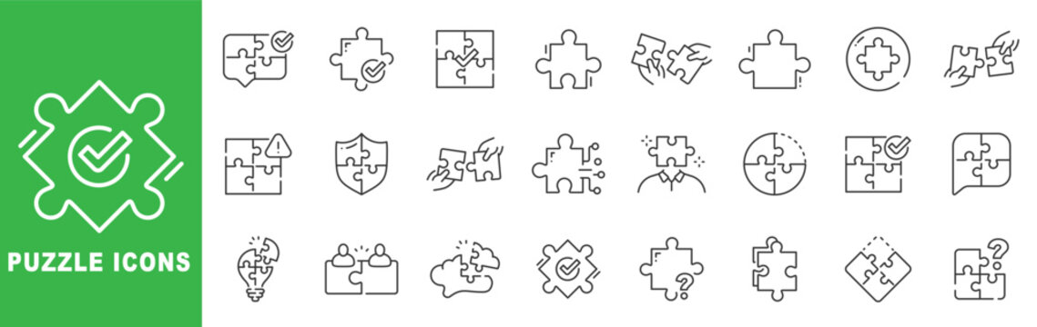 Puzzle icon set featuring jigsaw pieces, problem solving, teamwork collaboration, business strategy concepts, outline line icons with editable stroke vector.