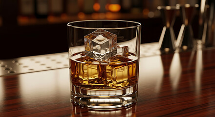 Elegant crystal tumbler containing premium scotch with a frozen cube rests on polished mahogany tavern surface under warm atmospheric nocturnal glow within sophisticated cocktail lounge.
